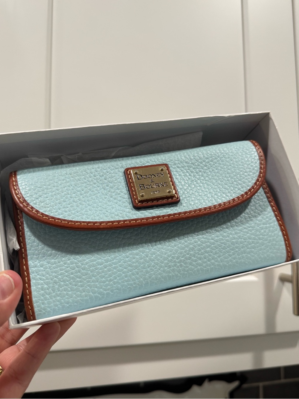 Dooney & Bourke Ice Blue Pebble Leather Wallet with Brown Trim